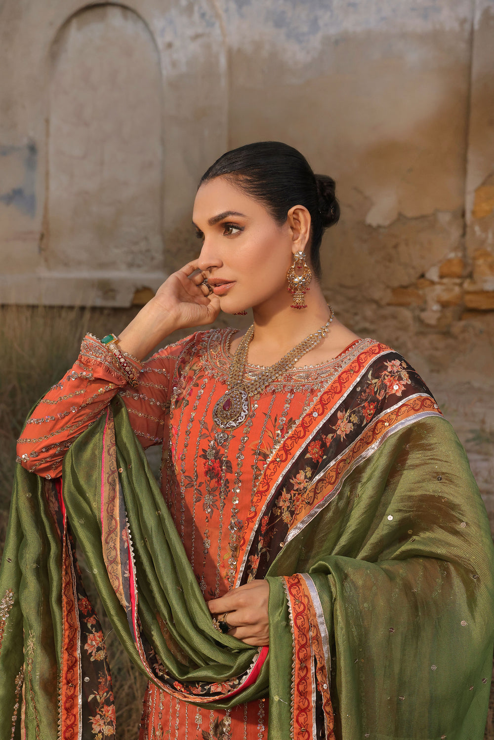 Wahaj M Khan | Banno Formals |  Peachy Rust Printed Set by Wahaj M Khan - Designer Dress - Type: Ladies Clothes - Available at Libayah - 100% Original