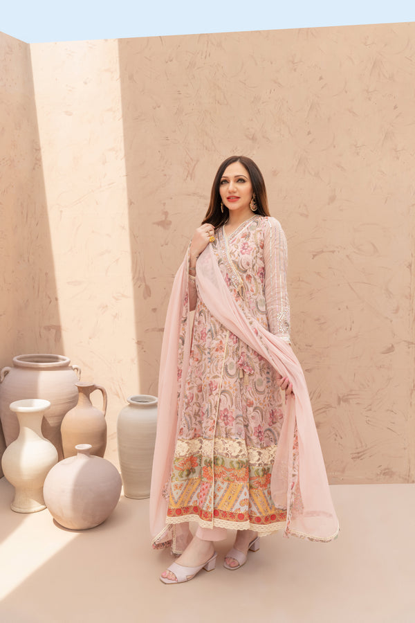 Wahaj M Khan | The Print Story |  Pink Peach TPS Angarkha by Wahaj M Khan - Designer Dress - Type: Ladies Clothes - Available at Libayah - 100% Original