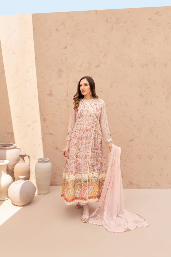 Wahaj M Khan | The Print Story |  Pink Peach TPS Angarkha by Wahaj M Khan - Designer Dress - Type: Ladies Clothes - Available at Libayah - 100% Original