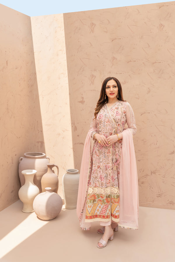 Wahaj M Khan | The Print Story |  Pink Peach TPS Angarkha by Wahaj M Khan - Designer Dress - Type: Ladies Clothes - Available at Libayah - 100% Original