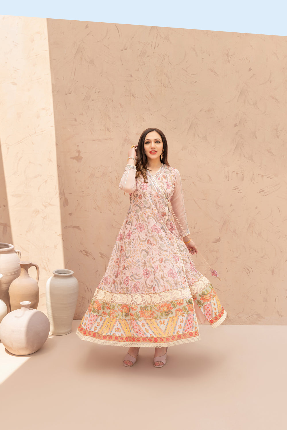 Wahaj M Khan | The Print Story |  Pink Peach TPS Angarkha by Wahaj M Khan - Designer Dress - Type: Ladies Clothes - Available at Libayah - 100% Original
