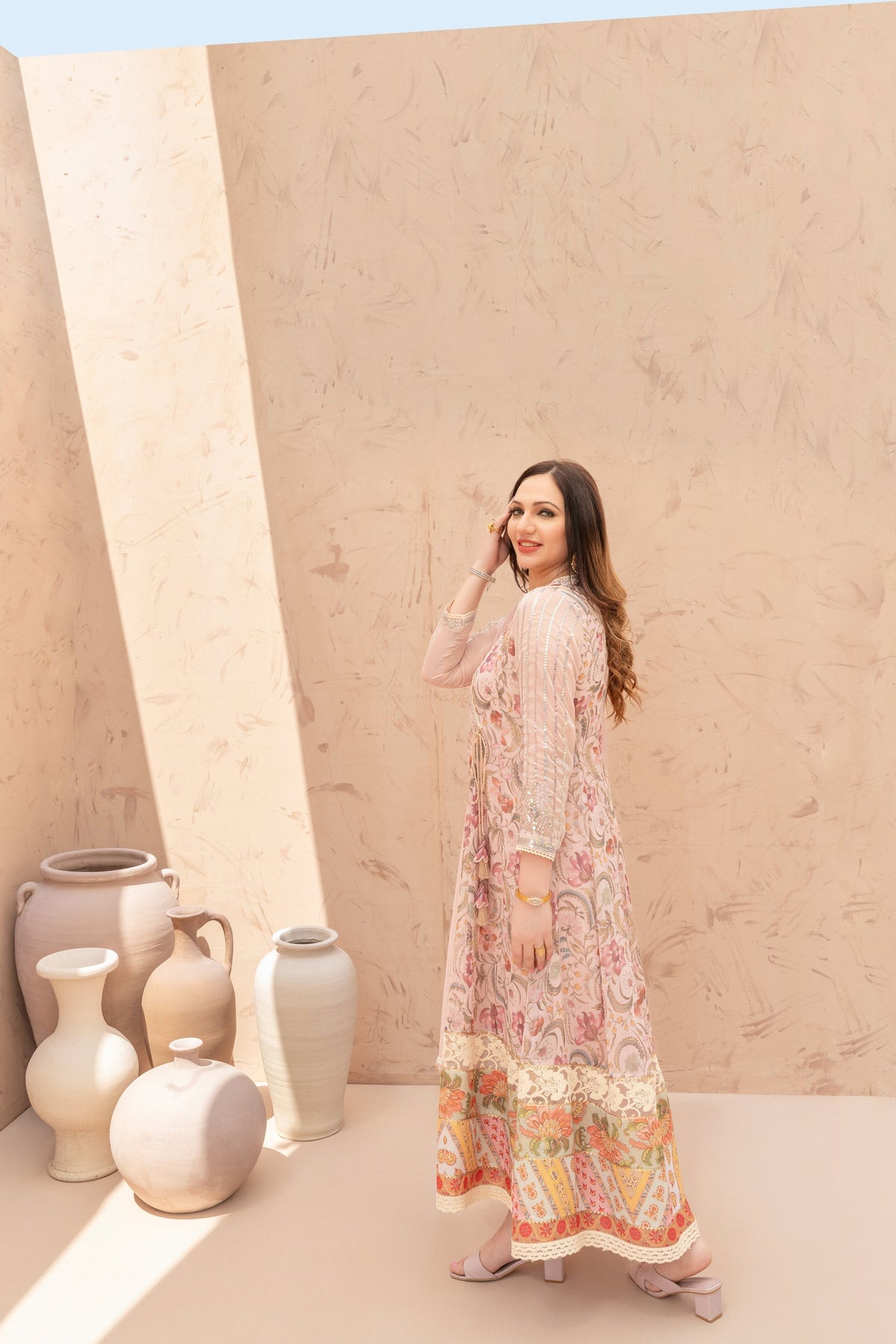Wahaj M Khan | The Print Story |  Pink Peach TPS Angarkha by Wahaj M Khan - Designer Dress - Type: Ladies Clothes - Available at Libayah - 100% Original