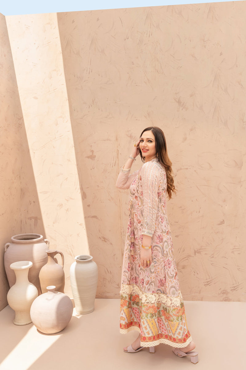 Wahaj M Khan | The Print Story |  Pink Peach TPS Angarkha by Wahaj M Khan - Designer Dress - Type: Ladies Clothes - Available at Libayah - 100% Original
