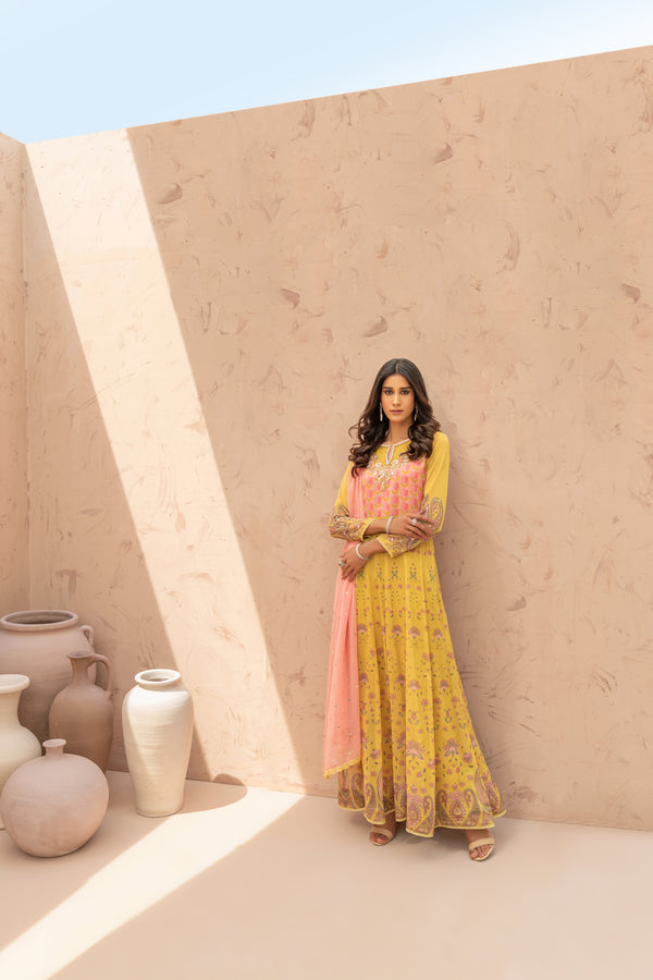 Wahaj M Khan | The Print Story |   Yellow Printed TPS Anarkali by Wahaj M Khan - Designer Dress - Type: Ladies Clothes - Available at Libayah - 100% Original