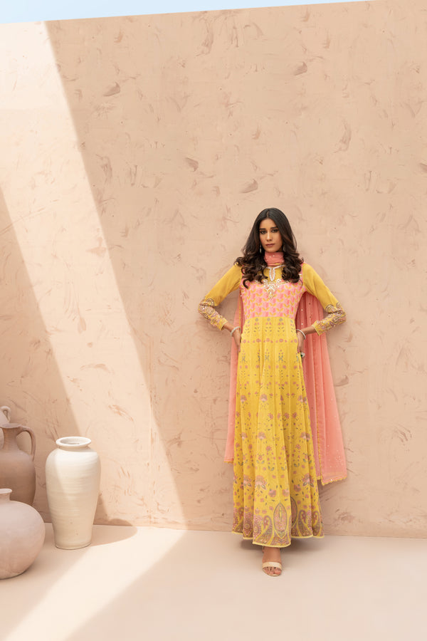 Wahaj M Khan | The Print Story |   Yellow Printed TPS Anarkali by Wahaj M Khan - Designer Dress - Type: Ladies Clothes - Available at Libayah - 100% Original