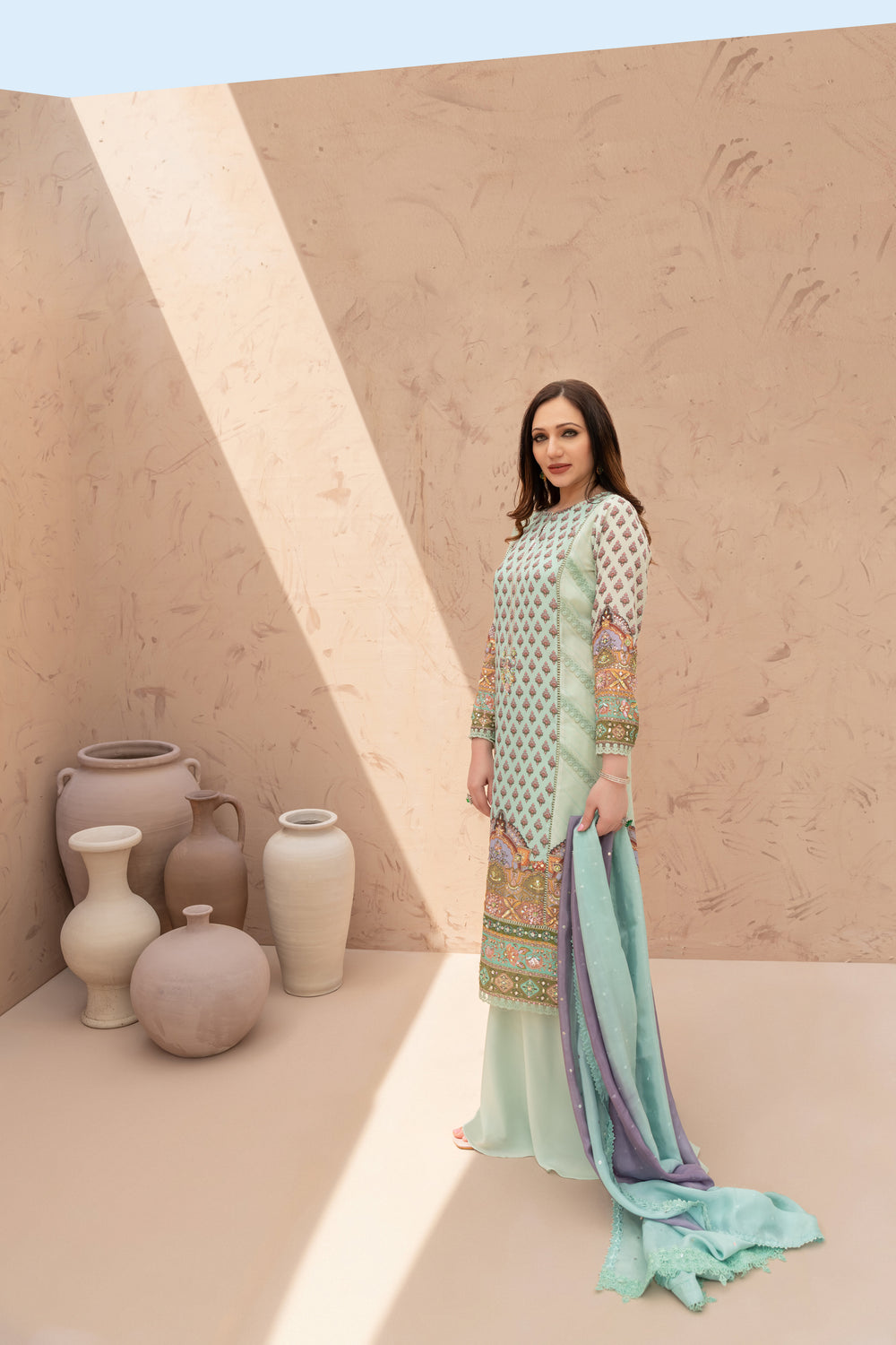 Wahaj M Khan | The Print Story |  Sea Green TPS Outfit by Wahaj M Khan - Designer Dress - Type: Ladies Clothes - Available at Libayah - 100% Original