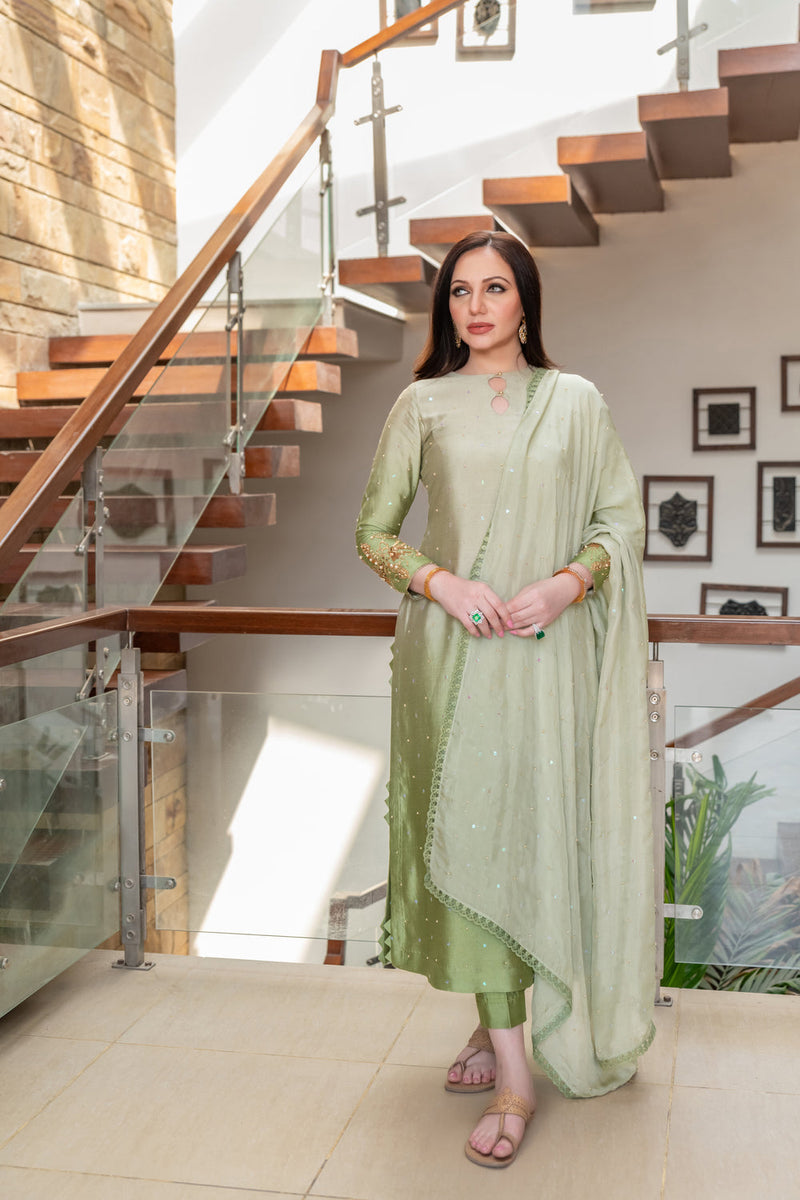 Wahaj M Khan | The Print Story | Sage Green Shaded Outfit by Wahaj M Khan - Designer Dress - Type: Ladies Clothes - Available at Libayah - 100% Original