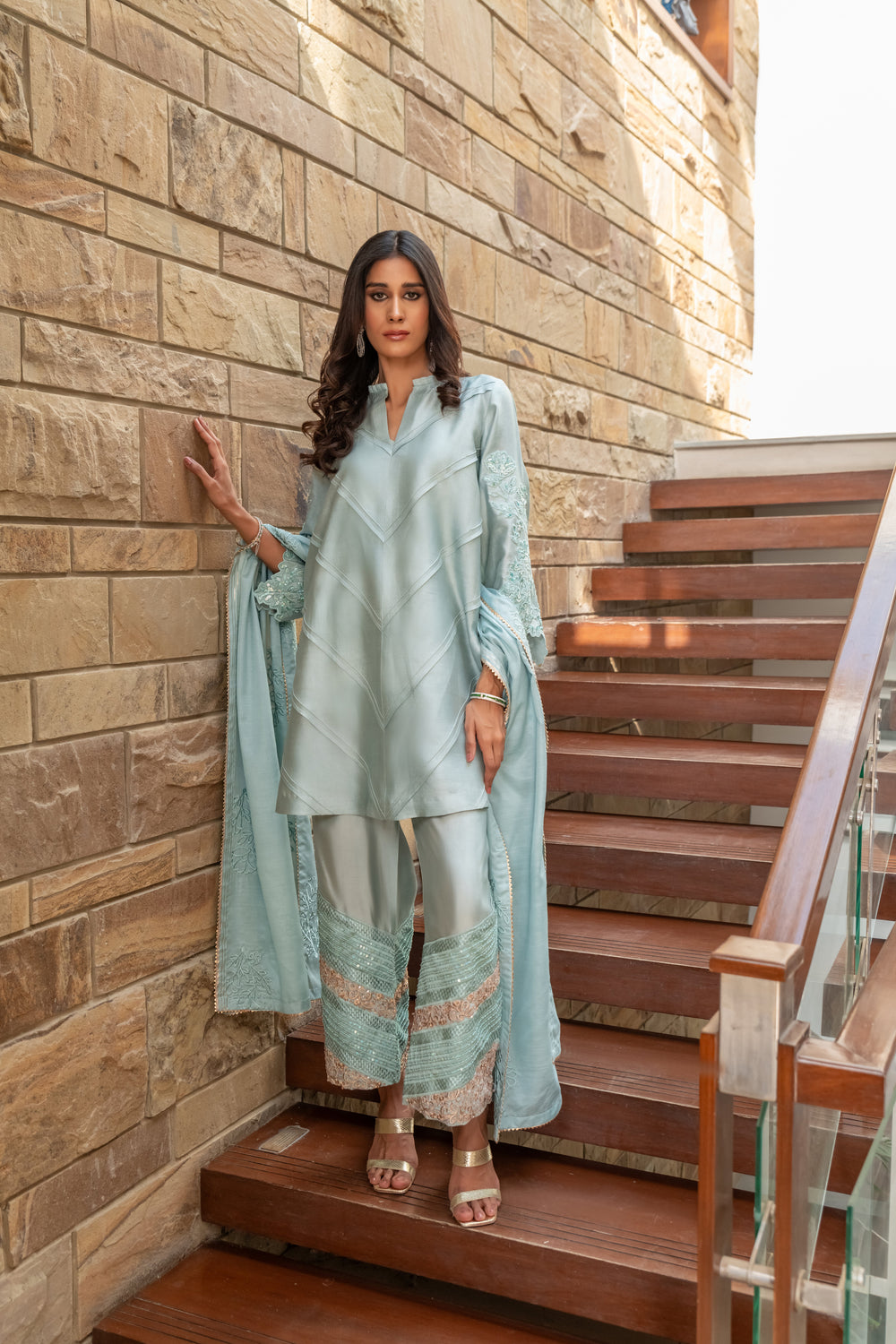 Wahaj M Khan | The Print Story |  Grey Blue Sheesha Outfit by Wahaj M Khan - Designer Dress - Type: Ladies Clothes - Available at Libayah - 100% Original