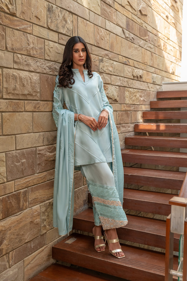 Wahaj M Khan | The Print Story |  Grey Blue Sheesha Outfit by Wahaj M Khan - Designer Dress - Type: Ladies Clothes - Available at Libayah - 100% Original