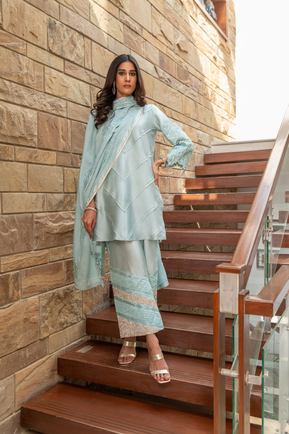 Wahaj M Khan | The Print Story |  Grey Blue Sheesha Outfit by Wahaj M Khan - Designer Dress - Type: Ladies Clothes - Available at Libayah - 100% Original