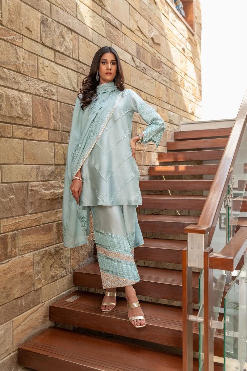 Wahaj M Khan | The Print Story |  Grey Blue Sheesha Outfit by Wahaj M Khan - Designer Dress - Type: Ladies Clothes - Available at Libayah - 100% Original