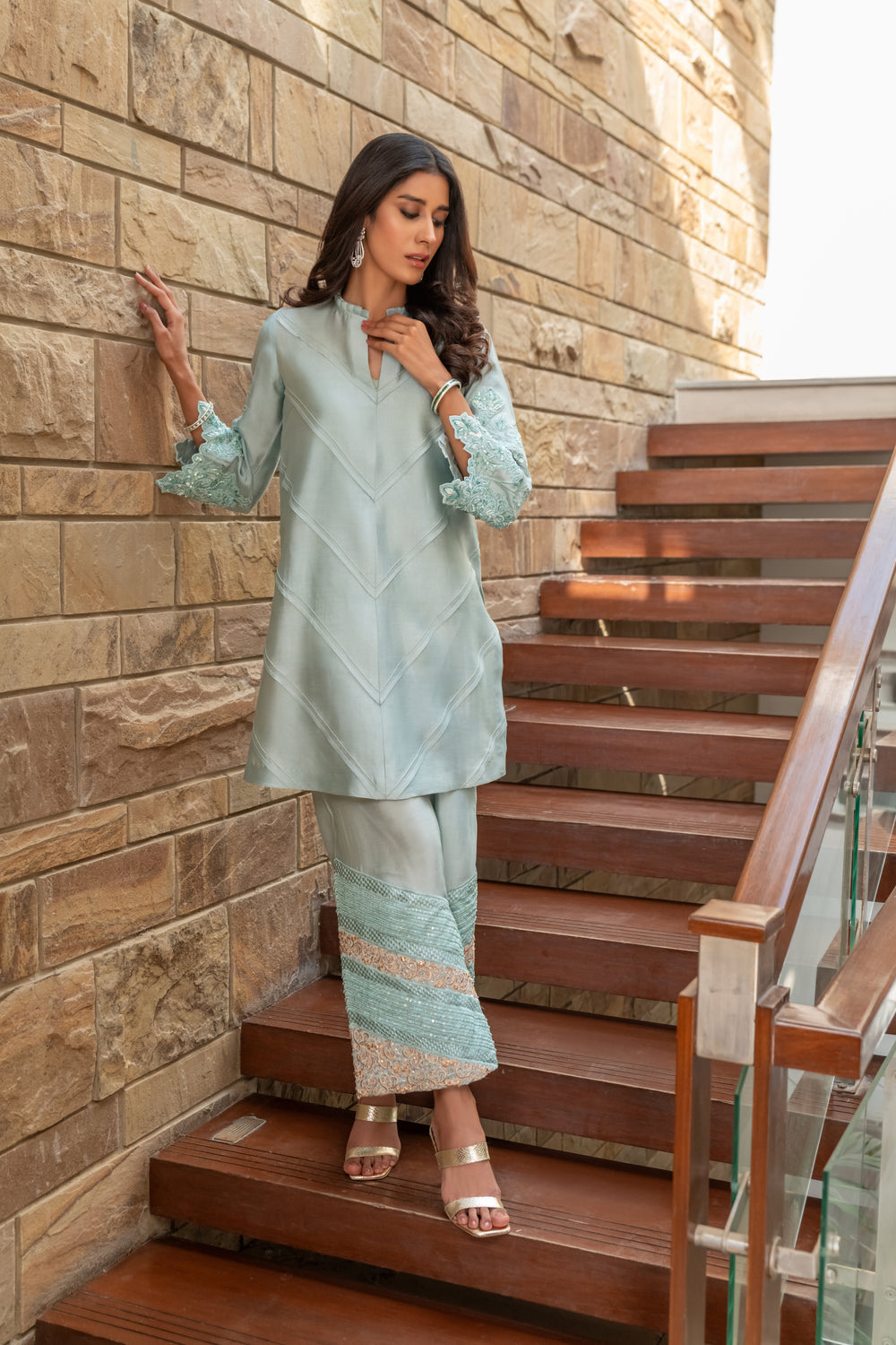 Wahaj M Khan | The Print Story |  Grey Blue Sheesha Outfit by Wahaj M Khan - Designer Dress - Type: Ladies Clothes - Available at Libayah - 100% Original
