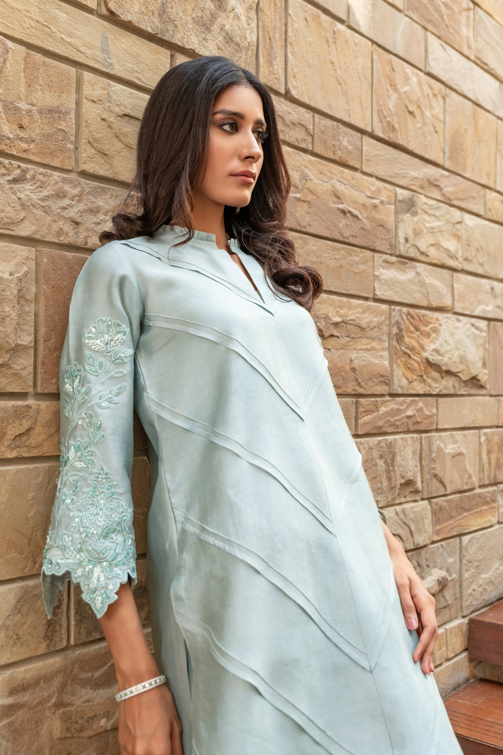 Wahaj M Khan | The Print Story |  Grey Blue Sheesha Outfit by Wahaj M Khan - Designer Dress - Type: Ladies Clothes - Available at Libayah - 100% Original