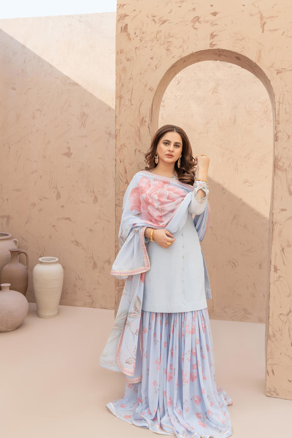 Wahaj M Khan | The Print Story |  Iceblue TPS Gharara by Wahaj M Khan - Designer Dress - Type: Ladies Clothes - Available at Libayah - 100% Original