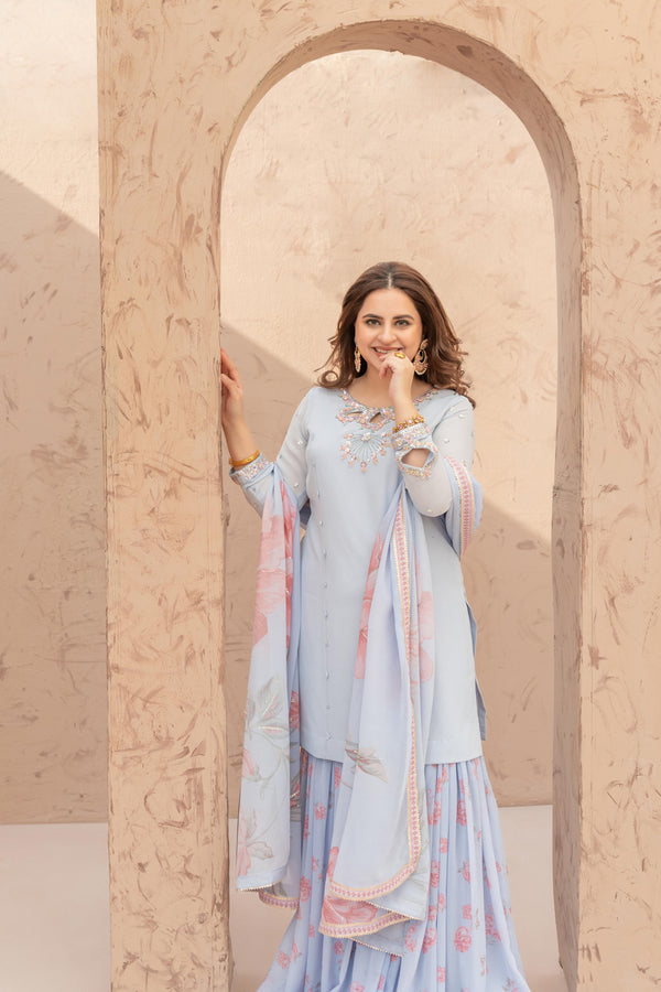 Wahaj M Khan | The Print Story |  Iceblue TPS Gharara by Wahaj M Khan - Designer Dress - Type: Ladies Clothes - Available at Libayah - 100% Original