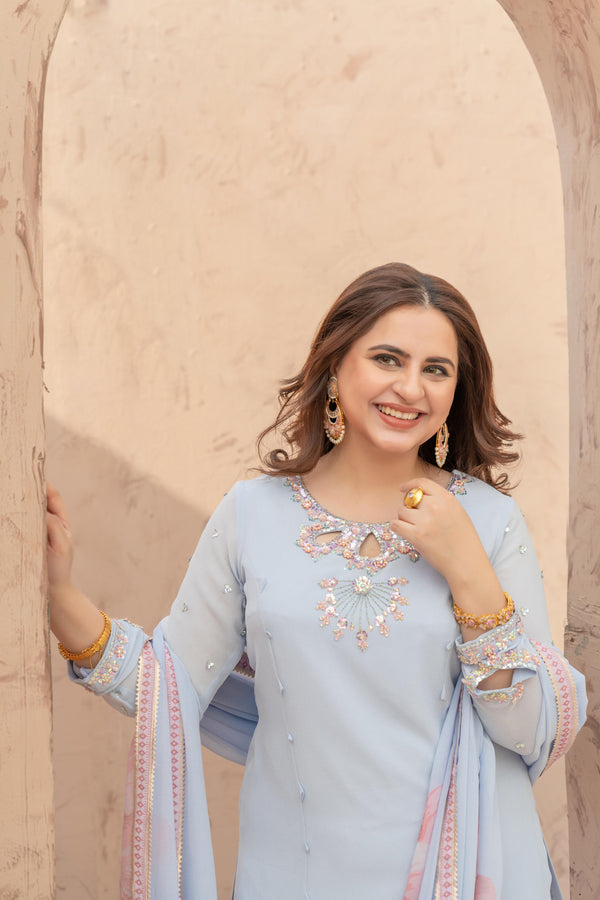 Wahaj M Khan | The Print Story |  Iceblue TPS Gharara by Wahaj M Khan - Designer Dress - Type: Ladies Clothes - Available at Libayah - 100% Original