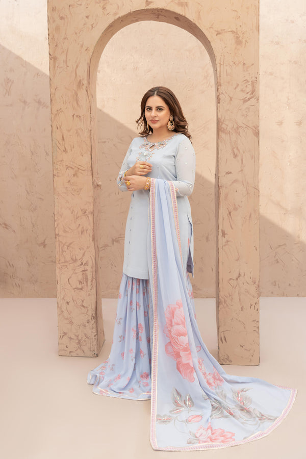 Wahaj M Khan | The Print Story |  Iceblue TPS Gharara by Wahaj M Khan - Designer Dress - Type: Ladies Clothes - Available at Libayah - 100% Original