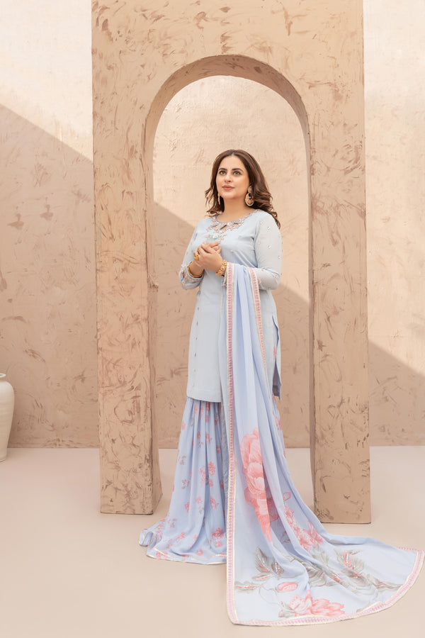 Wahaj M Khan | The Print Story |  Iceblue TPS Gharara by Wahaj M Khan - Designer Dress - Type: Ladies Clothes - Available at Libayah - 100% Original