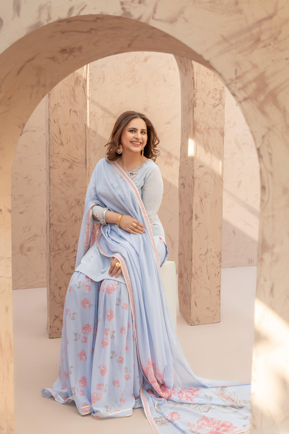 Wahaj M Khan | The Print Story |  Iceblue TPS Gharara by Wahaj M Khan - Designer Dress - Type: Ladies Clothes - Available at Libayah - 100% Original