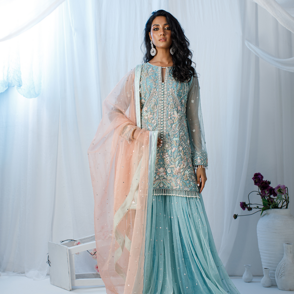 Wahaj M Khan | Zohra Drop 2 Formals | Ferozi & Peach Gharara Set by Wahaj M.Khan - Designer Dress - Type: Ladies Clothes - Available at Libayah - 100% Original