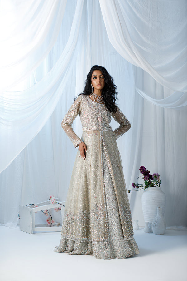 Wahaj M Khan | Zohra Drop 2 Formals | Silver Tissue Net Zohra Outfit by Wahaj M.Khan - Designer Dress - Type: Ladies Clothes - Available at Libayah - 100% Original