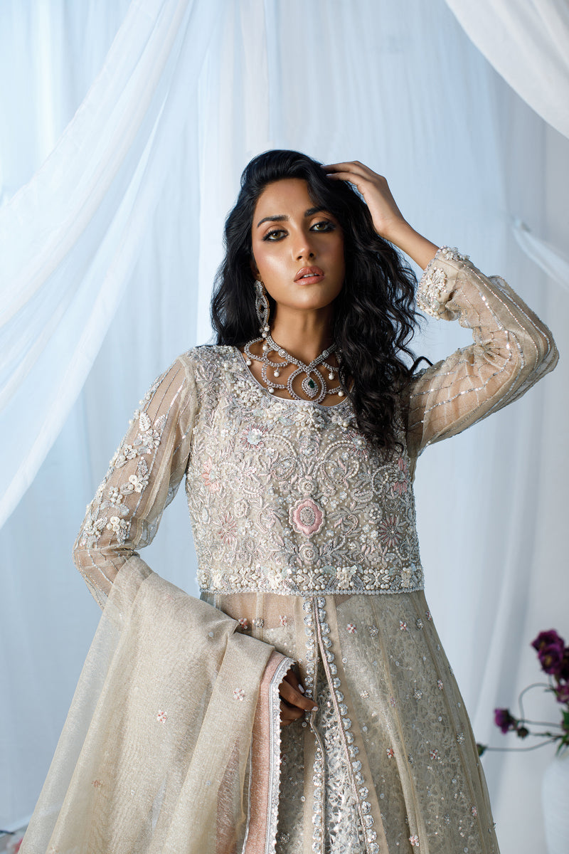 Wahaj M Khan | Zohra Drop 2 Formals | Silver Tissue Net Zohra Outfit by Wahaj M.Khan - Designer Dress - Type: Ladies Clothes - Available at Libayah - 100% Original