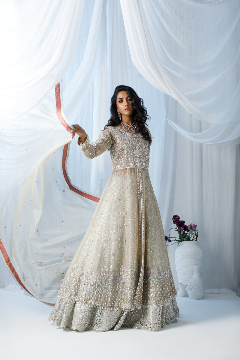 Wahaj M Khan | Zohra Drop 2 Formals | Silver Tissue Net Zohra Outfit by Wahaj M.Khan - Designer Dress - Type: Ladies Clothes - Available at Libayah - 100% Original