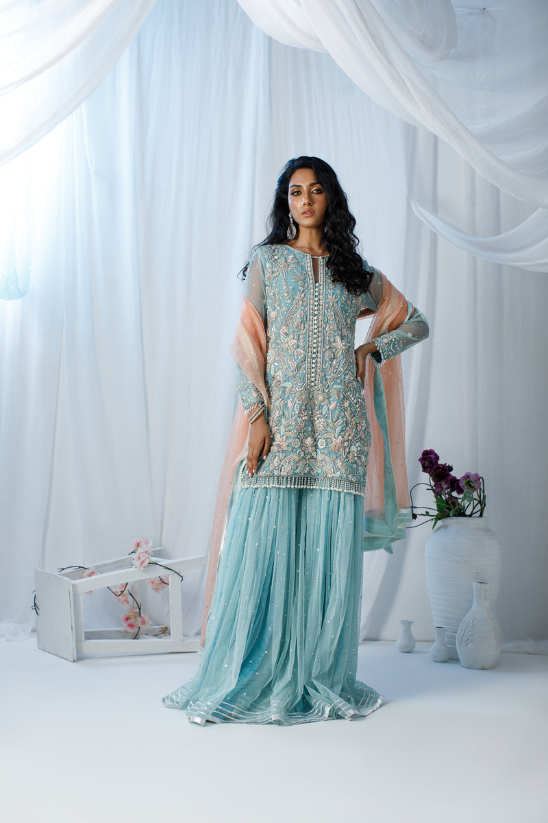 Wahaj M Khan | Zohra Drop 2 Formals | Ferozi & Peach Gharara Set by Wahaj M.Khan - Designer Dress - Type: Ladies Clothes - Available at Libayah - 100% Original