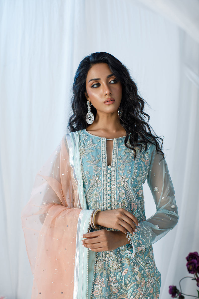 Wahaj M Khan | Zohra Drop 2 Formals | Ferozi & Peach Gharara Set by Wahaj M.Khan - Designer Dress - Type: Ladies Clothes - Available at Libayah - 100% Original