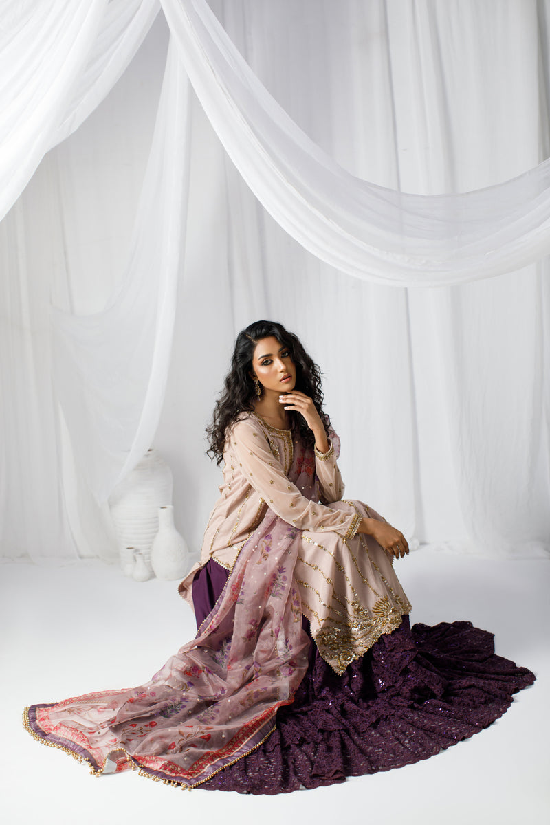 Wahaj M Khan | Zohra Drop 2 Formals | Rose Gold Nude Net Zohra Outfit by Wahaj M.Khan - Designer Dress - Type: Ladies Clothes - Available at Libayah - 100% Original