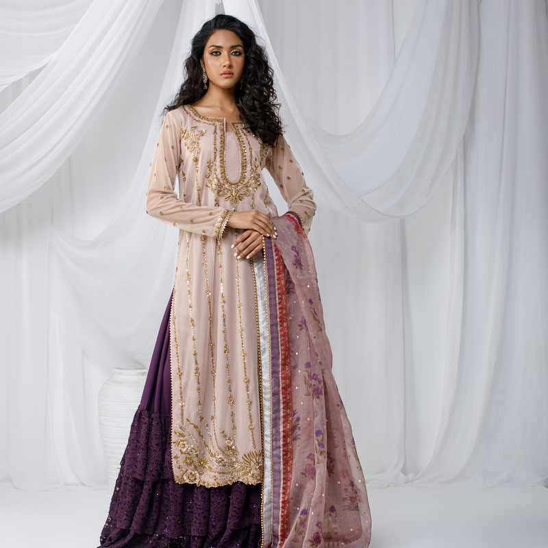 Wahaj M Khan | Zohra Drop 2 Formals | Rose Gold Nude Net Zohra Outfit by Wahaj M.Khan - Designer Dress - Type: Ladies Clothes - Available at Libayah - 100% Original