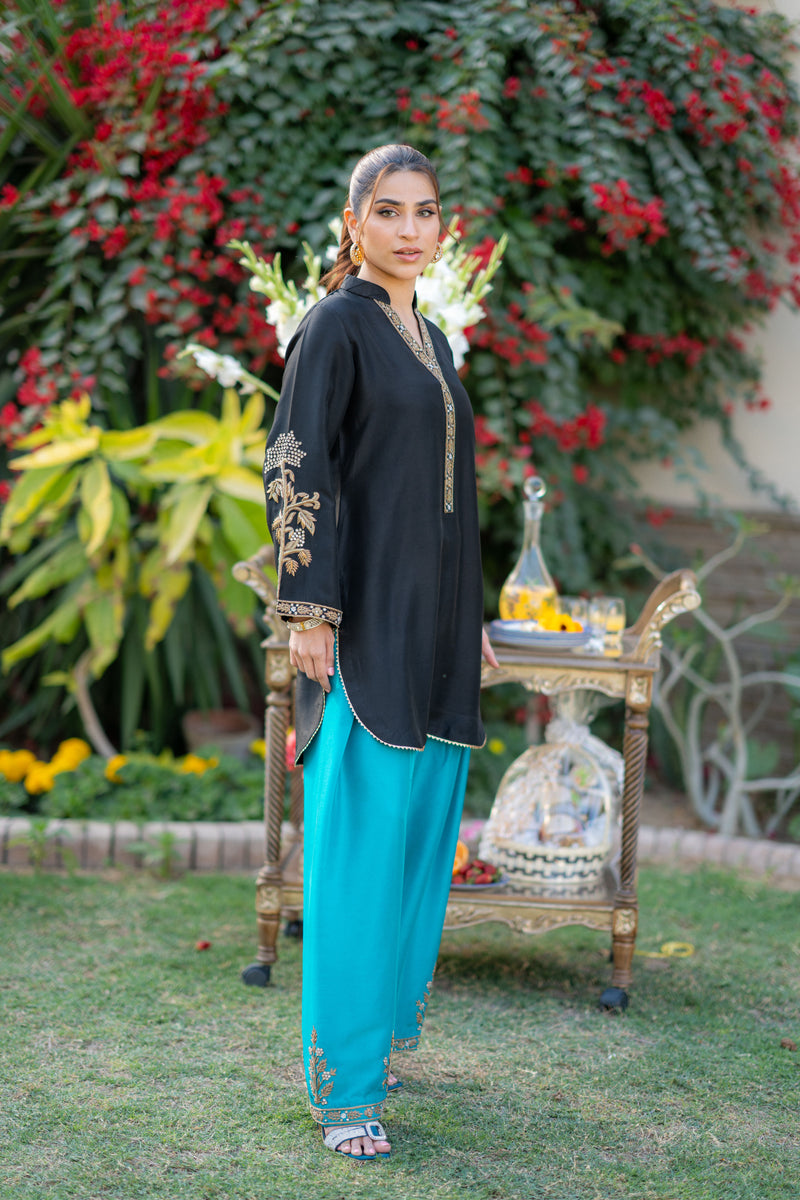 Wahaj M Khan | Pari Collection | Black Turquoise Pari Outfit by Wahaj M Khan - Designer Dress  - Type : Ladies Clothes - Available at Libayah - 100% Original 