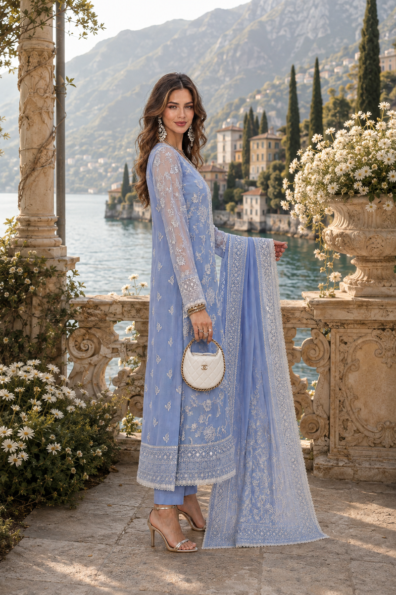Saadia Asad | Nooriyah Luxury Chiffon | D3 - Dove Blue by Saadia Asad - Designer Dress  - Type : Ladies Clothes - Available at Libayah - 100% Original 