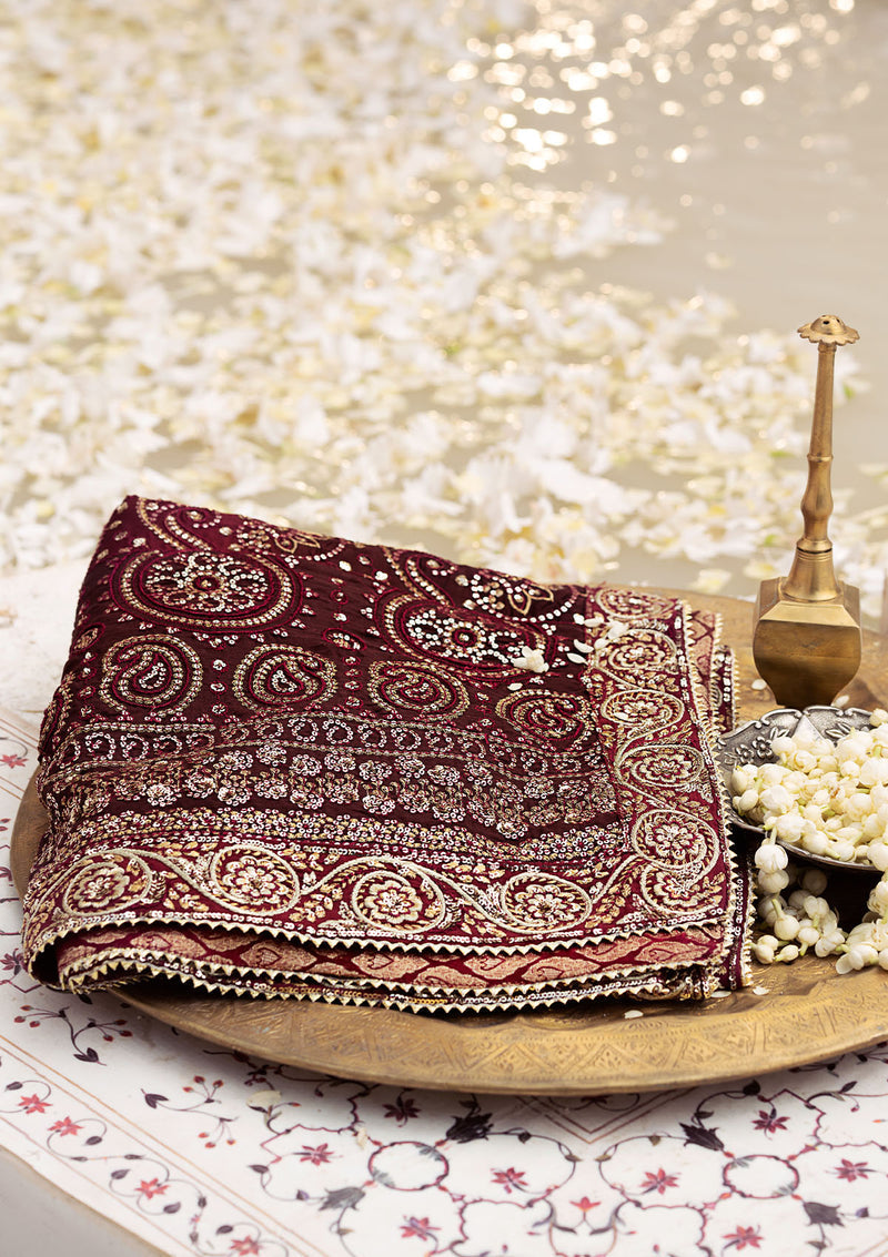 Aik Atelier | MAROON TUSSAR SILK CHUNRI SHAWL by Aik Atelier - Designer Dress - Type: Bridal - Available at Libayah - 100% Original