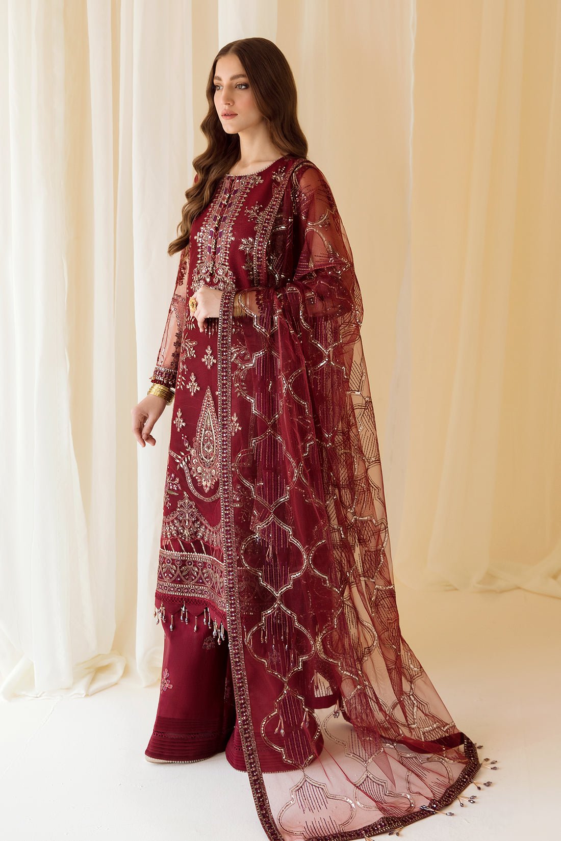 Alizeh | Formals Collection | Embroidered Net Maroon - V14D08 - Raya by Alizeh - Designer Dress - Type: Ladies Clothes - Available at Libayah - 100% Original