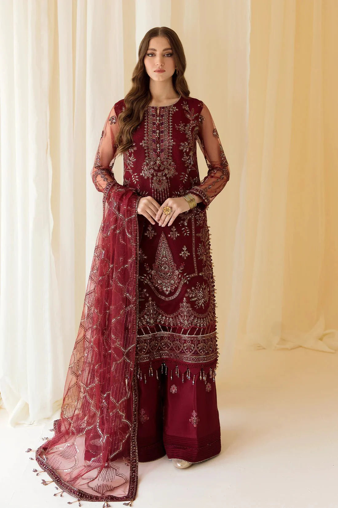 Alizeh | Formals Collection | Embroidered Net Maroon - V14D08 - Raya by Alizeh - Designer Dress - Type: Ladies Clothes - Available at Libayah - 100% Original