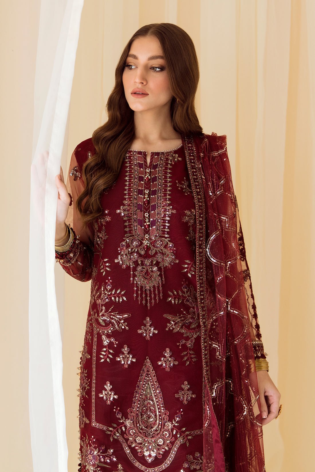 Alizeh | Formals Collection | Embroidered Net Maroon - V14D08 - Raya by Alizeh - Designer Dress - Type: Ladies Clothes - Available at Libayah - 100% Original