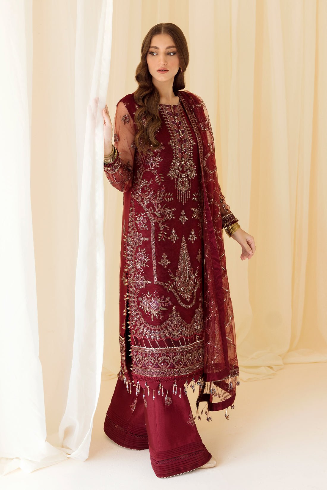 Alizeh | Formals Collection | Embroidered Net Maroon - V14D08 - Raya by Alizeh - Designer Dress - Type: Ladies Clothes - Available at Libayah - 100% Original