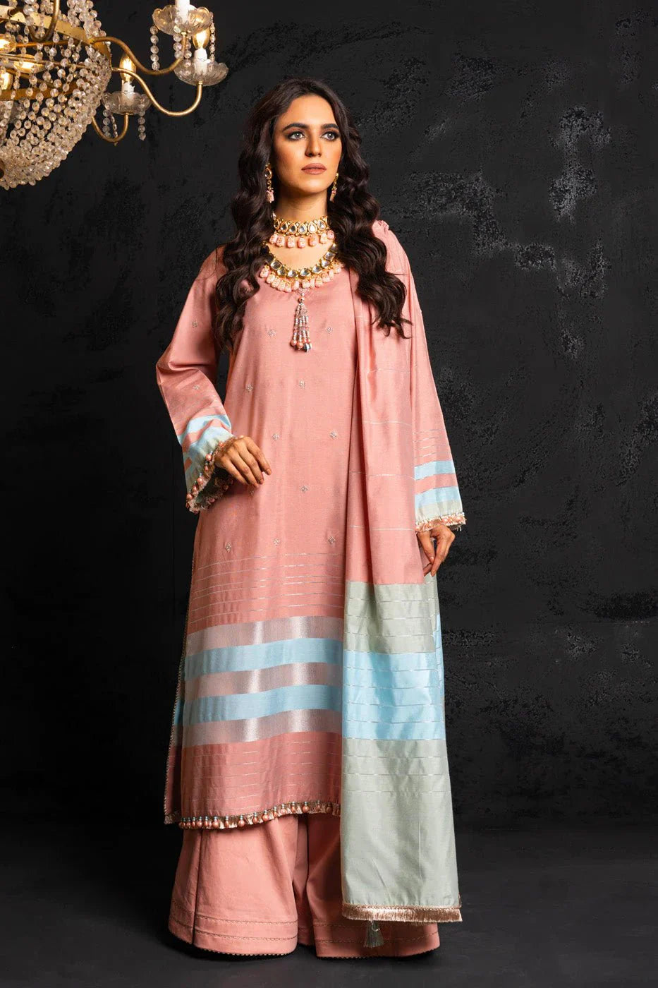 Alkaram | Spring Summer Festive 24 | Embroidered Yarn Dyed Salmon Pink by Alkaram - Designer Dress - Type: Ladies Clothes - Available at Libayah - 100% Original