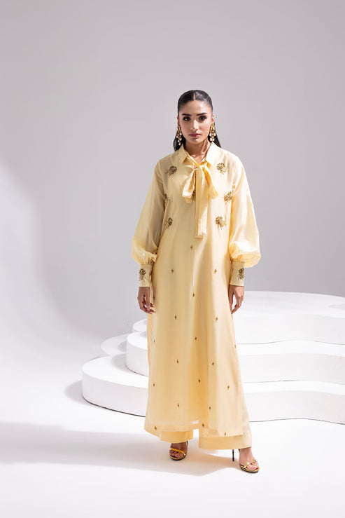 Amani | Aira Festive Wear | ALARA- Hand Embellished Butter Silk Shirt with Wide-Leg Trousers by Amani - Designer Dress  - Type : Ladies Clothes - Available at Libayah - 100% Original 