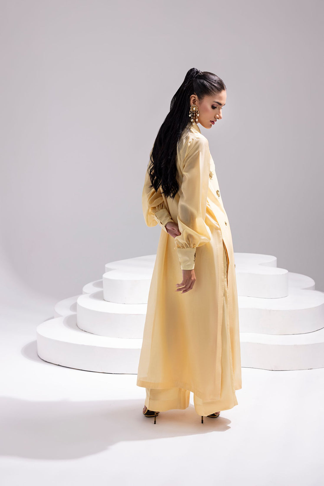 Amani | Aira Festive Wear | ALARA- Hand Embellished Butter Silk Shirt with Wide-Leg Trousers by Amani - Designer Dress  - Type : Ladies Clothes - Available at Libayah - 100% Original 