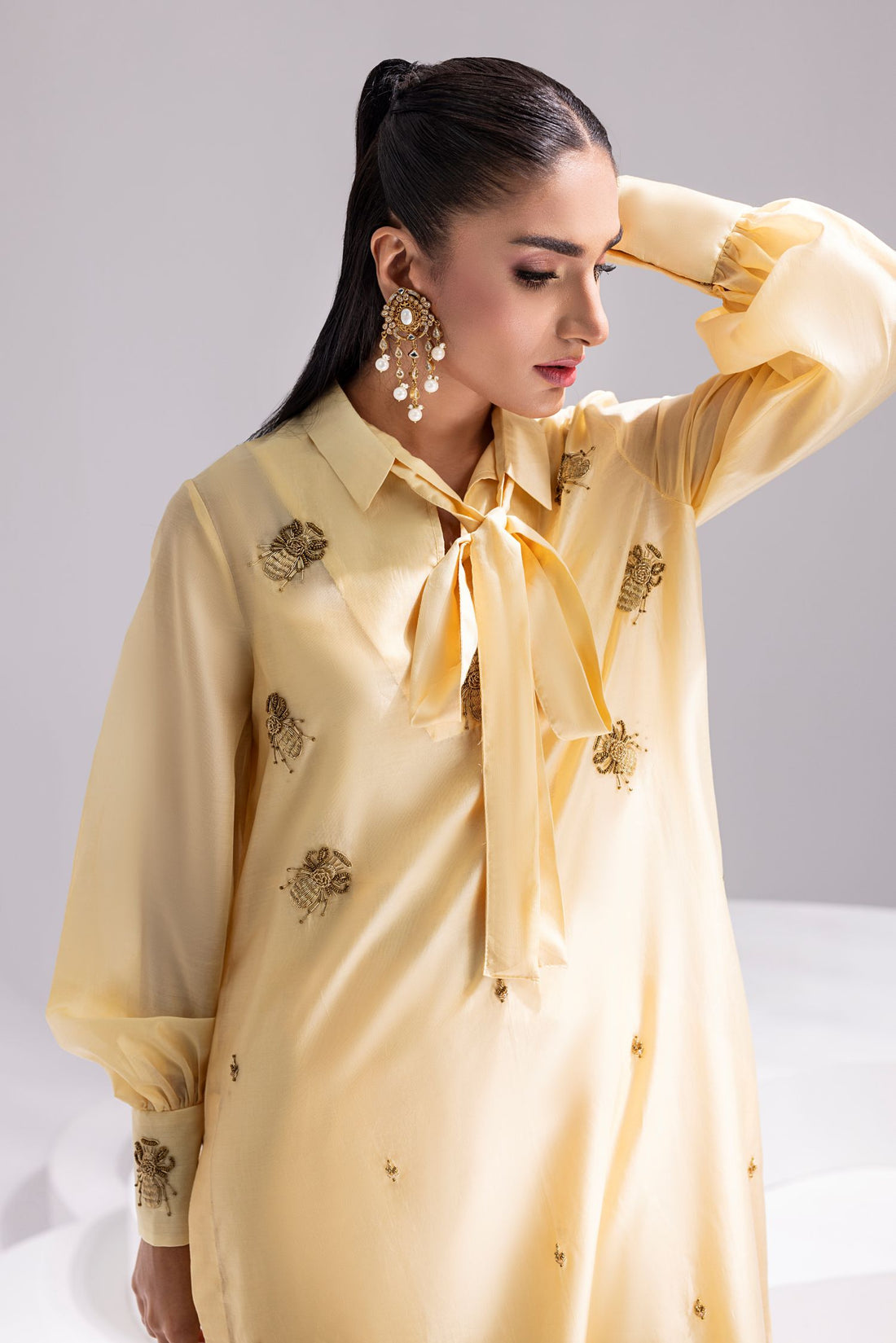 Amani | Aira Festive Wear | ALARA- Hand Embellished Butter Silk Shirt with Wide-Leg Trousers by Amani - Designer Dress  - Type : Ladies Clothes - Available at Libayah - 100% Original 