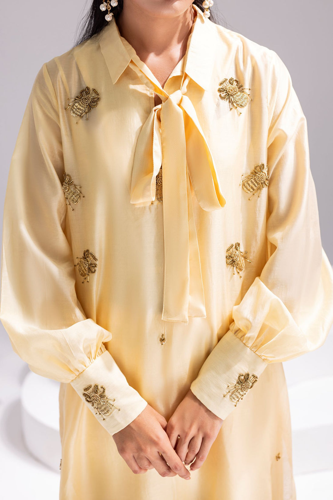 Amani | Aira Festive Wear | ALARA- Hand Embellished Butter Silk Shirt with Wide-Leg Trousers by Amani - Designer Dress  - Type : Ladies Clothes - Available at Libayah - 100% Original 