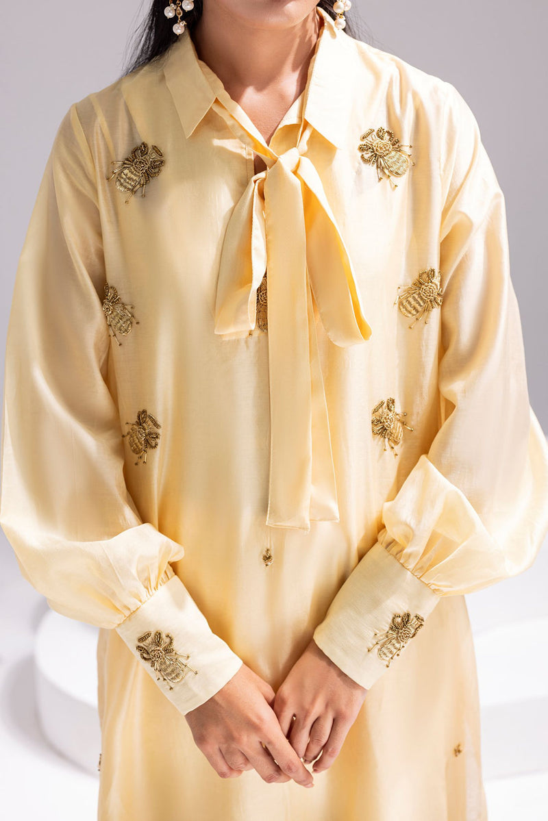Amani | Aira Festive Wear | ALARA- Hand Embellished Butter Silk Shirt with Wide-Leg Trousers by Amani - Designer Dress  - Type : Ladies Clothes - Available at Libayah - 100% Original 