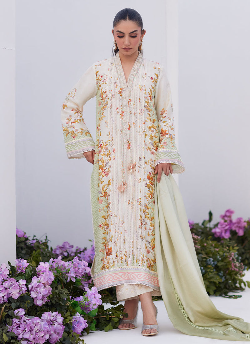 Farah Talib Aziz | Zaza Prints 24 | SAGE TRELLIS SHIRT AND DUPATTA by Farah Talib Aziz - Designer Dress - Type: Ladies Clothes - Available at Libayah - 100% Original