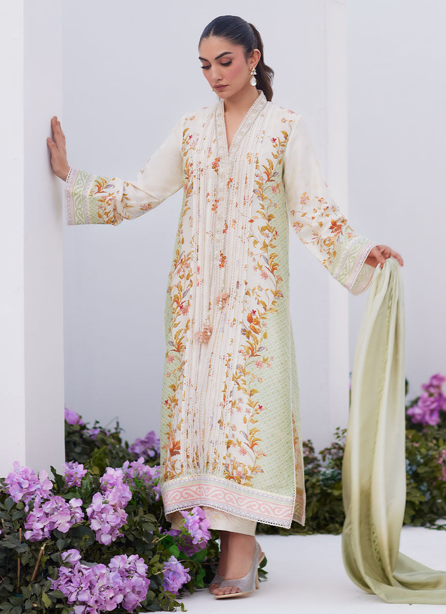 Farah Talib Aziz | Zaza Prints 24 | SAGE TRELLIS SHIRT AND DUPATTA by Farah Talib Aziz - Designer Dress - Type: Ladies Clothes - Available at Libayah - 100% Original