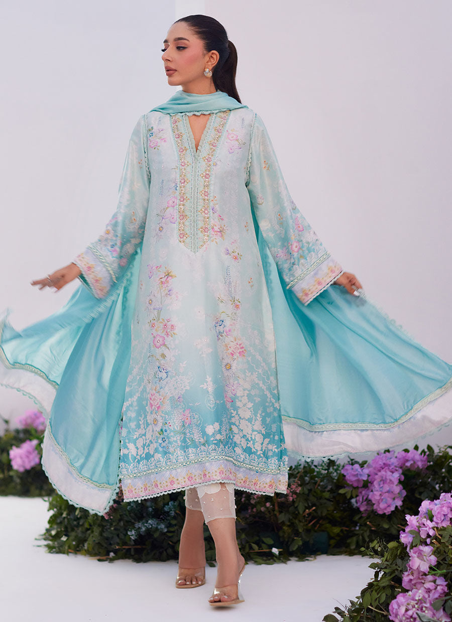 Farah Talib Aziz | Zaza Prints 24 | CYAN OMBRE SHIRT AND DUPATTA by Farah Talib Aziz - Designer Dress - Type: Ladies Clothes - Available at Libayah - 100% Original