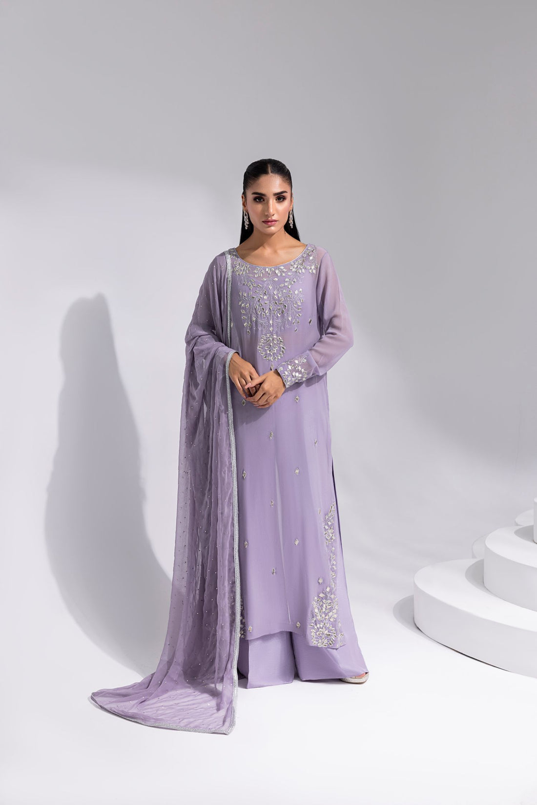 Amani | Aira Festive Wear | ZARIN Gota Embellished Georgette Shirt with Wide-Leg Pants & Mukesh Dupatta by Amani - Designer Dress  - Type : Ladies Clothes - Available at Libayah - 100% Original 