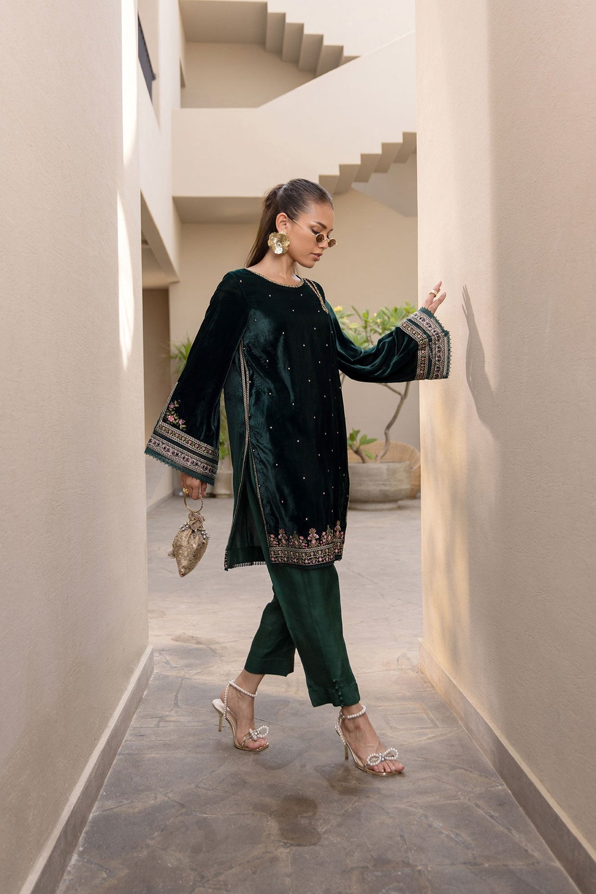 Dhanak | Velvet Edit | FW24DA-2622 DARK GREEN by Dhanak - Designer Dress - Type: Ladies Clothes - Available at Libayah - 100% Original