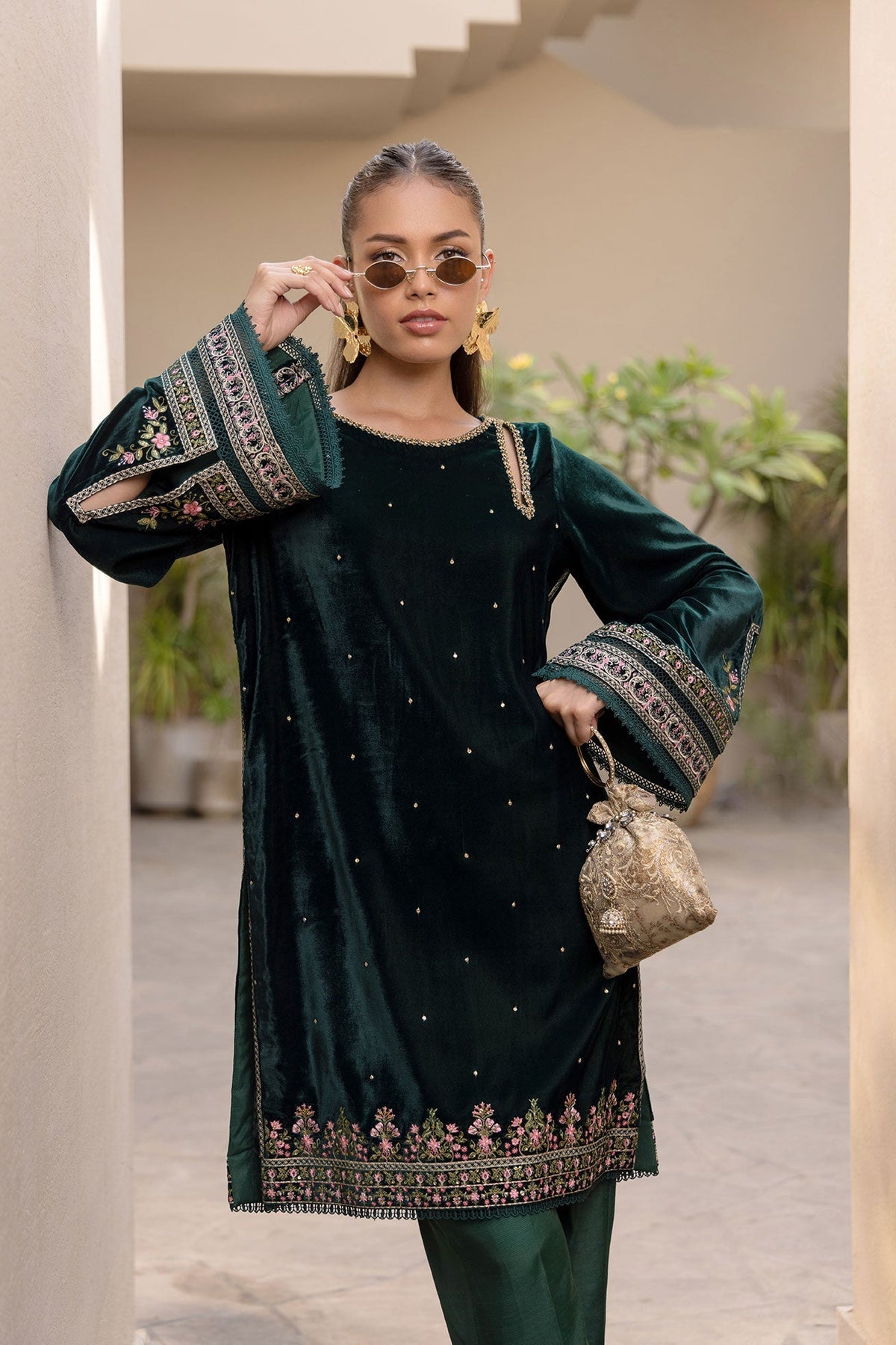 Dhanak | Velvet Edit | FW24DA-2622 DARK GREEN by Dhanak - Designer Dress - Type: Ladies Clothes - Available at Libayah - 100% Original